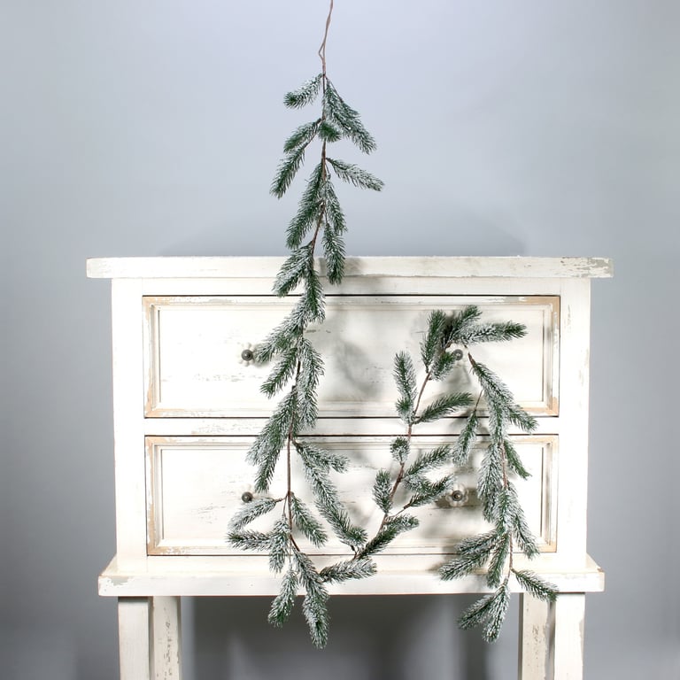 Dark Green Pine Garland - 180cm Christmas Decoration with Snowy Accents