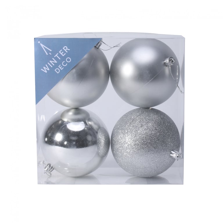 Silver Shatterproof Baubles - 10cm Decorative Ornaments (Pack of 4)