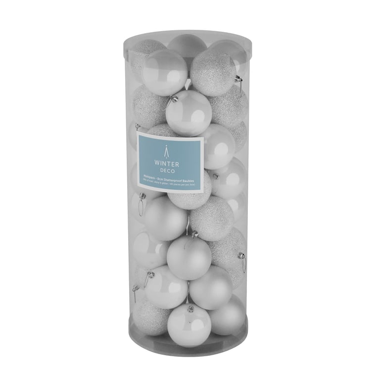 48 White Baubles (8cm) - Set of 48 Christmas Ornaments for Home Decor & Holiday Decorating