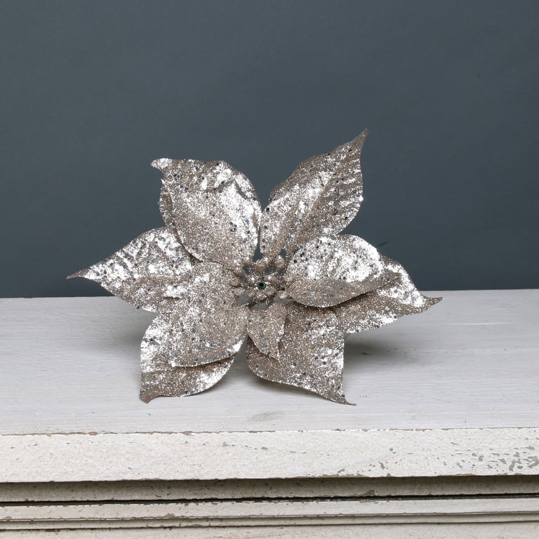 Champagne Glitter Poinsettia Pick - Festive Holiday Home Decor Centerpiece