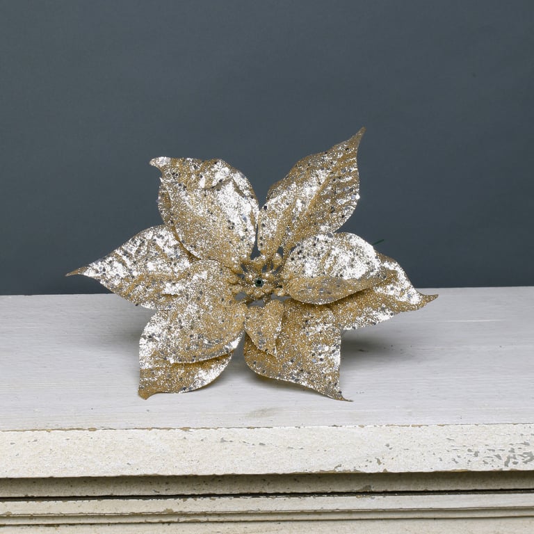 Gold Glitter Poinsettia Decor Pick - Festive Holiday Home Accent