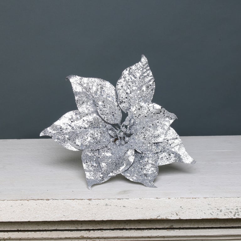 Silver Glitter Poinsettia Pick - Elegant Holiday Decoration Ornament