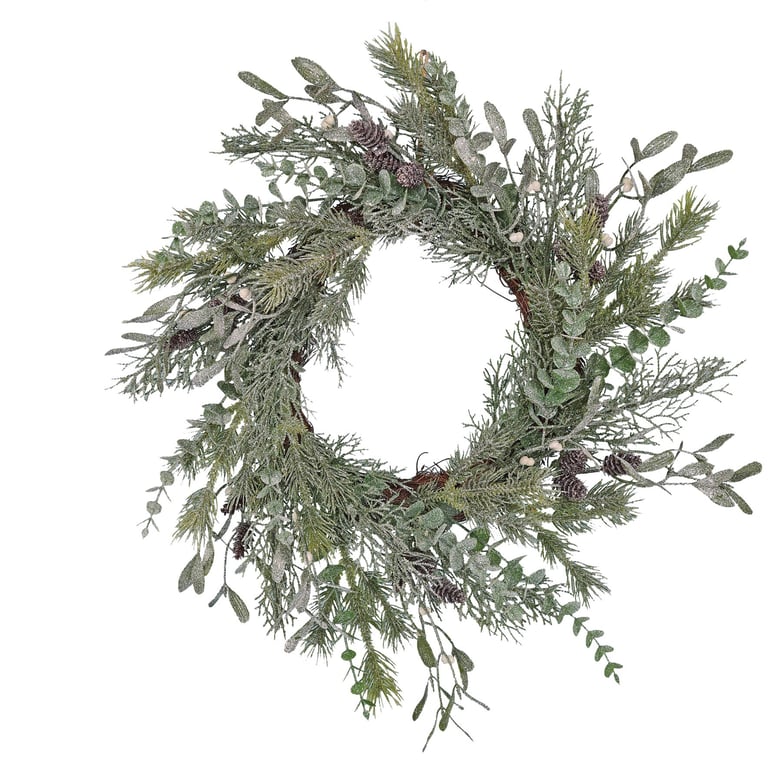 Frosted Pine and Mistletoe Holiday Wreath - Winter Home Decor
