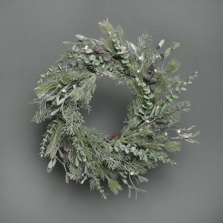 Frosted Pine and Mistletoe Holiday Wreath - Winter Home Decor