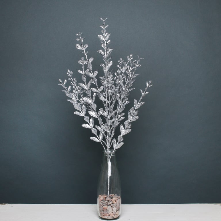 Silver Glitter Boxwood Spray - Elegant Home Decor Accent with Sparkling Silver Glitter Effect