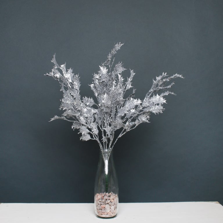 Silver Glitter Holly Bush - Festive Holiday Plant Decoration with Shining Accents
