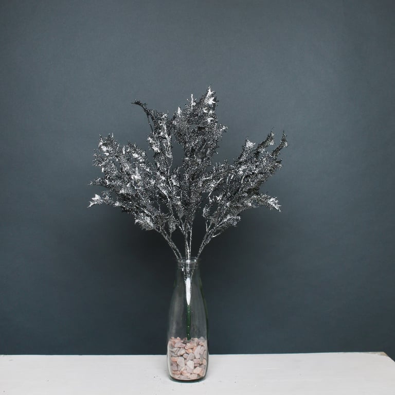 Pewter Glitter Holly Bush - Festive Home Decor Accent