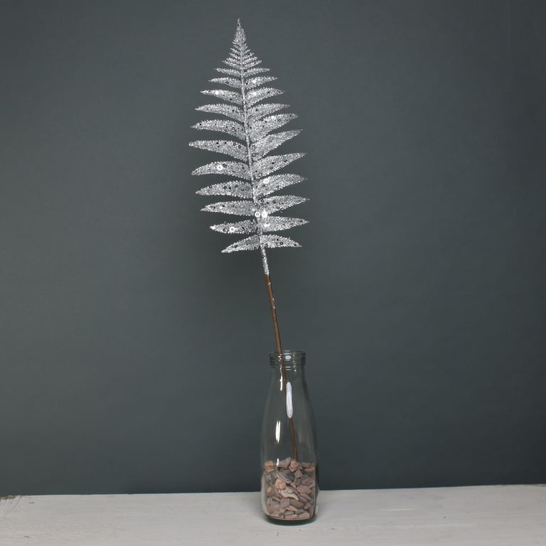 Silver Glitter Fern Leaf - Boho Home Decor Accent with Sparkling Silver Leaf Ornaments