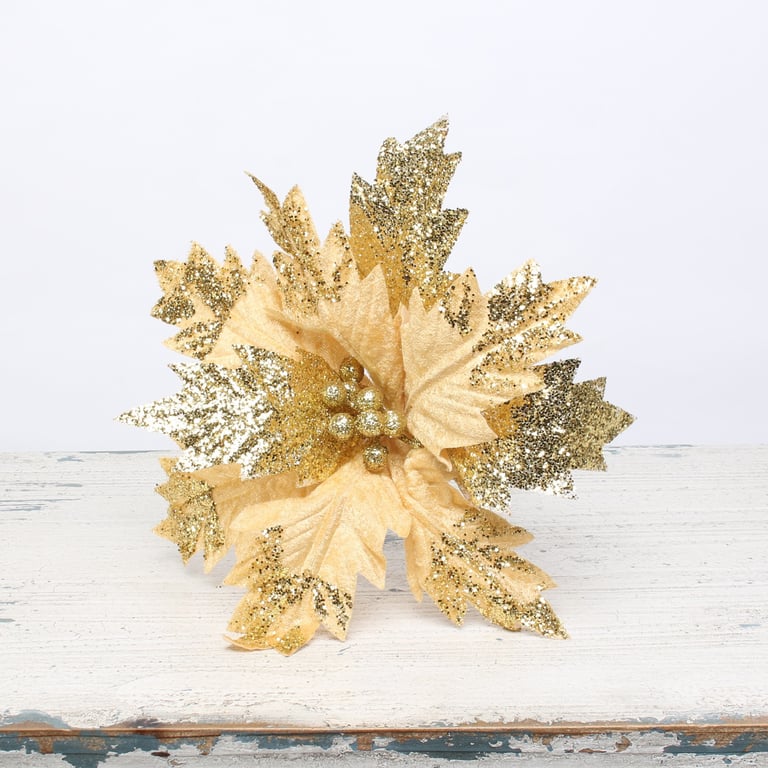 Medium Gold Poinsettia Pick - Holiday Floral Decoration Centerpiece