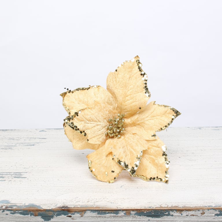 Small Gold Poinsettia Decoration Pick - Festive Holiday Home Accent