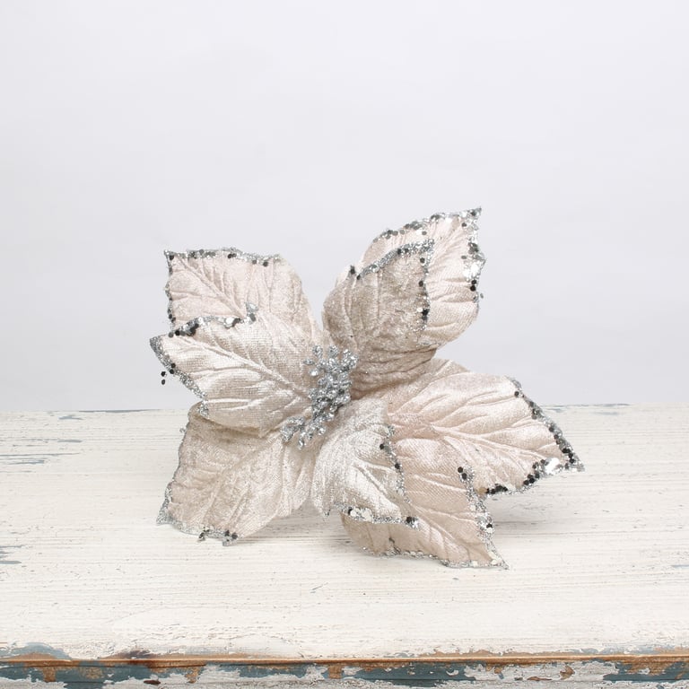 Silver Poinsettia Pick - Small Holiday Decoration Ornament for Home Decor