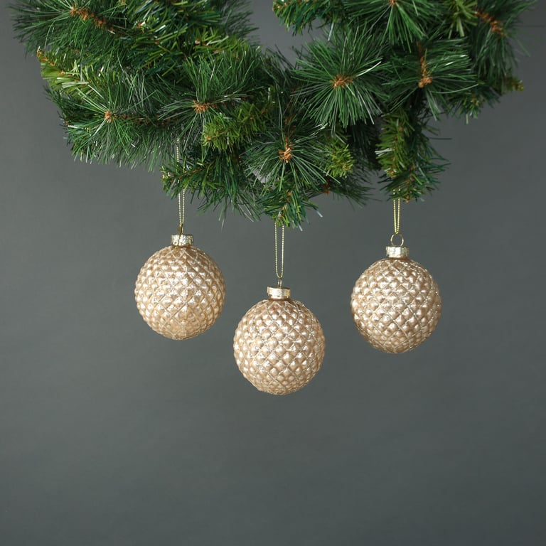 Gold 8cm Small Diamond Glass Bauble Set - Luxury Home Decor Ornaments (Set of 4)