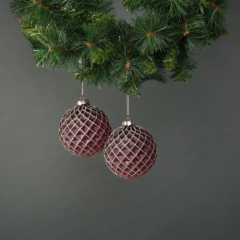 Dark Purple Glass Bauble Set - 10cm Home Decor Ornaments (Pack of 4)