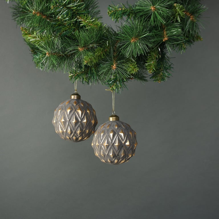 Pewter & Gold Glass Baubles - Set of 4 Holiday Ornaments for Home Decor