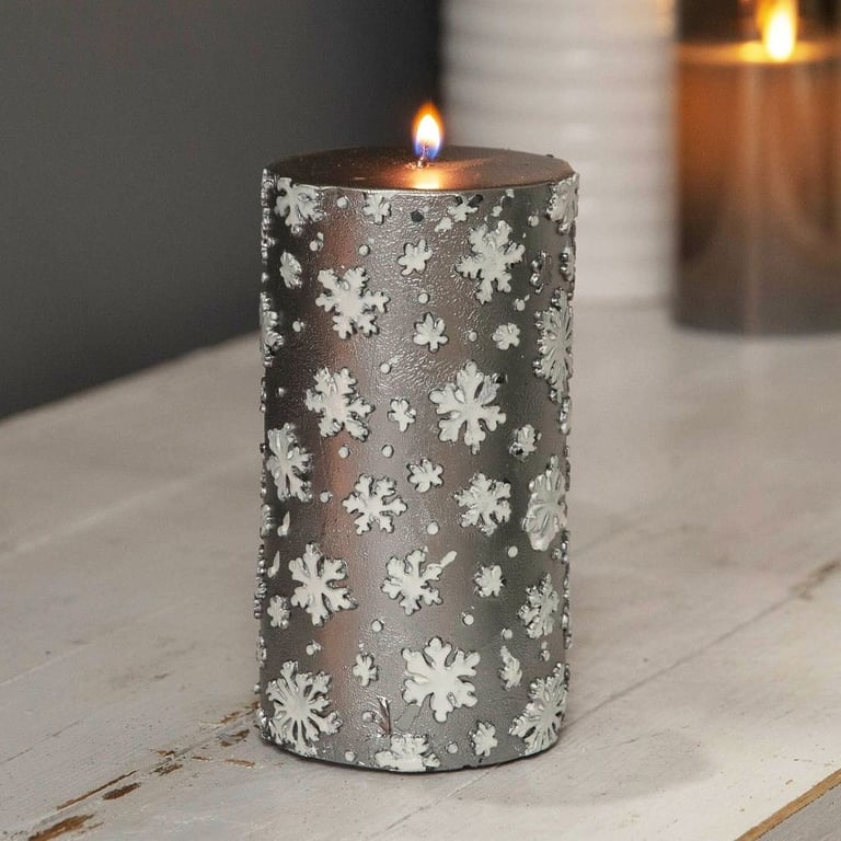 Silver Snowflake 14.5cm Pillar Candle - Winter Home Decor Accent