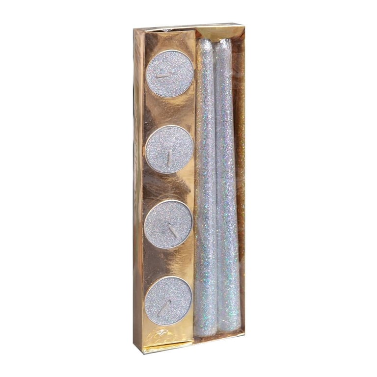 Silver Glitter Tealight & Dinner Candles Set - 6 Piece Home Decor Candle Collection