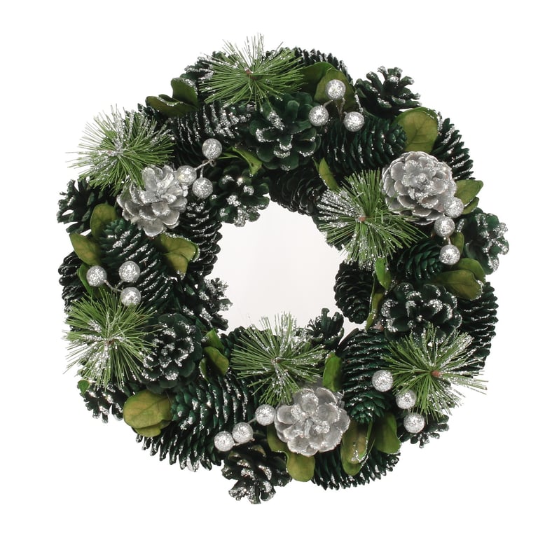 Green & Silver Glitter Pine Cone Wreath - 30cm Holiday Home Decoration