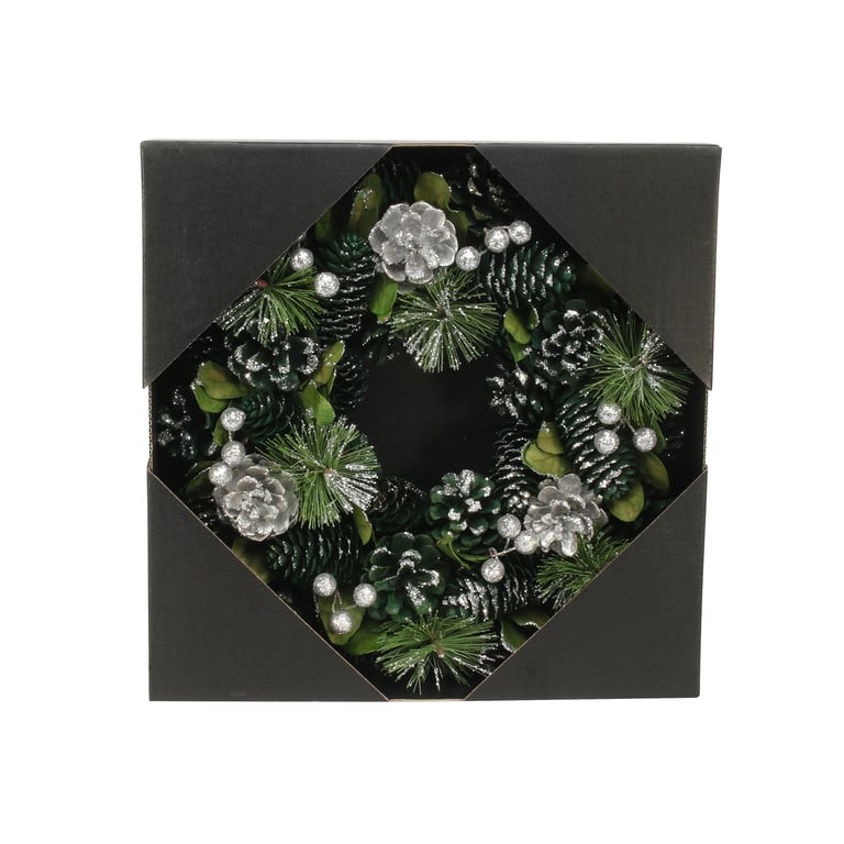Green & Silver Glitter Pine Cone Wreath - 30cm Holiday Home Decoration