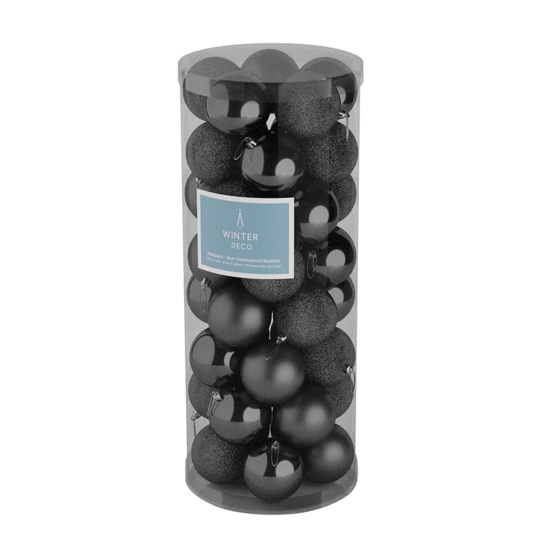 48 Black Baubles - Set of 3 Finishes (Matt, Shiny & Glitter) Decorative Ornaments for Home & Christmas