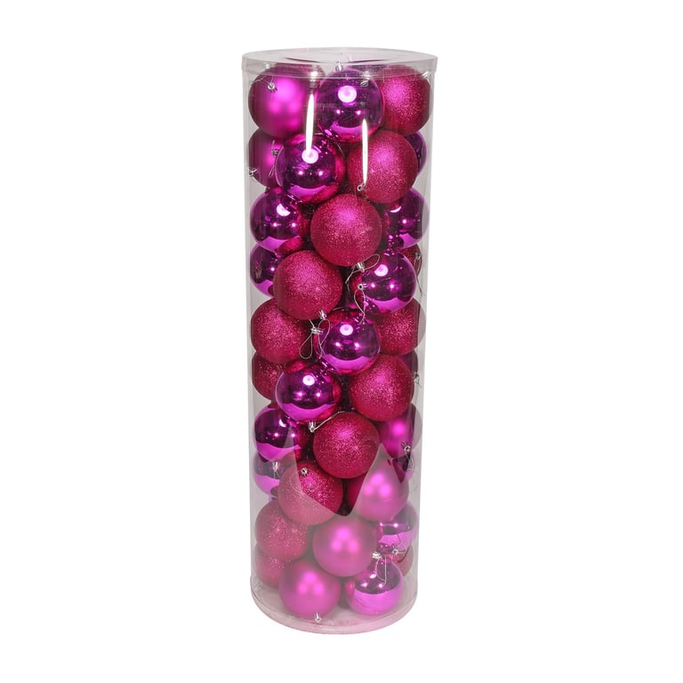 Hot Pink Baubles - Set of 48 Decorative Ornaments in Matt, Shiny & Glitter Finish for Home Decor and Christmas