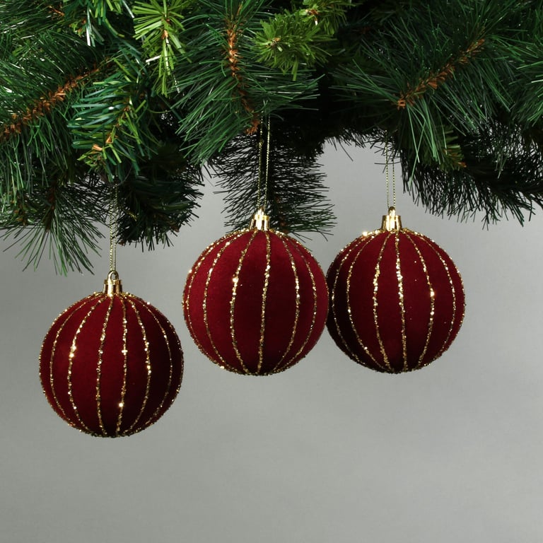 Red Velvet Baubles with Glitter Trim - Festive Home Decor Ornaments (Set of 6)