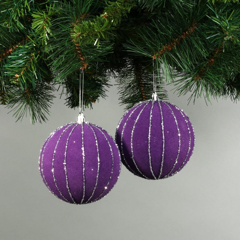 Purple Velvet Baubles Set - 10cm Glitter Ornaments (Set of 4) for Home Decor and Holiday Decoration