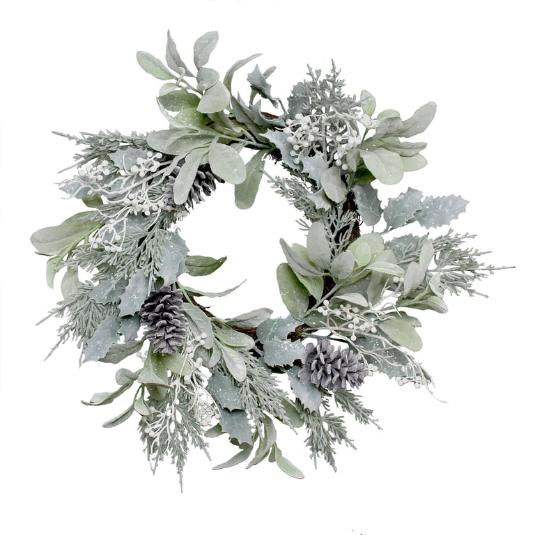 Lambs Ear, Holly Pine Cone & White Berry Flocked Wreath - 60cm Home Decor Holiday Decoration