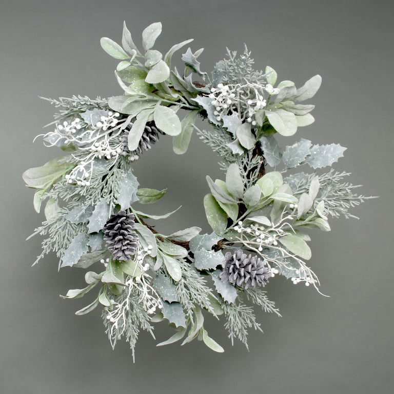 Lambs Ear, Holly Pine Cone & White Berry Flocked Wreath - 60cm Home Decor Holiday Decoration