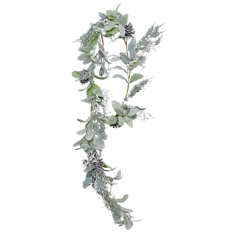 Lambs Ear, Holly, Pine Cone & White Berry Flocked Winter Garland Home Decor