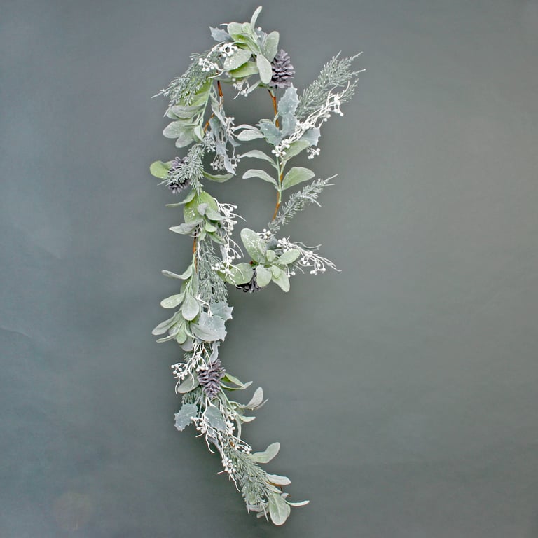 Lambs Ear, Holly, Pine Cone & White Berry Flocked Winter Garland Home Decor