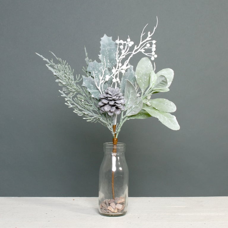 Lambs Ear Holly Cone & White Berry Flocked Spray - Festive Home Dcor for Winter Wonderland Decor