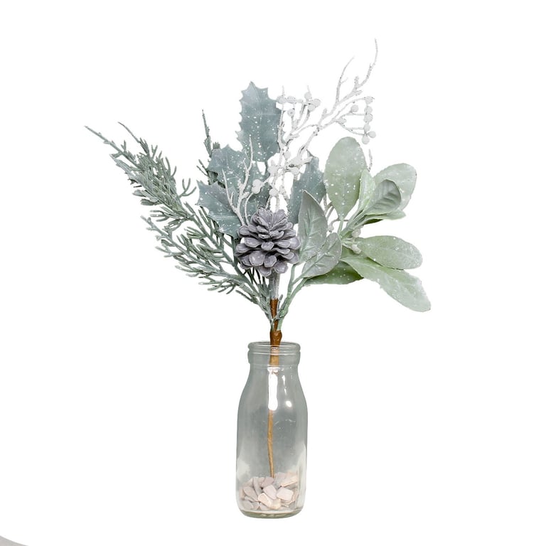 Lambs Ear Holly Cone & White Berry Flocked Spray - Festive Home Dcor for Winter Wonderland Decor