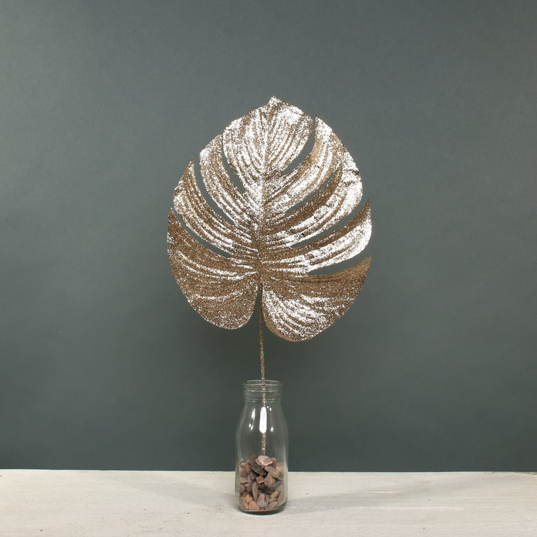 Champagne Glitter Monstera Leaf Decoration - Medium Size Home Garden Decor