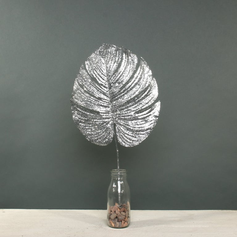 Silver Glitter Monstera Leaf Wall Art - Artificial Medium Decor for Home & Garden