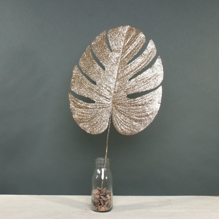Champagne Glitter Monstera Leaf (Large) - Luxury Boho Wall Art for Home Decor