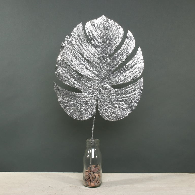 Large Silver Glitter Monstera Leaf Wall Decor - Unique Tropical Print Decoration