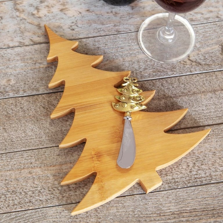 Bamboo Christmas Tree Shaped Cheese Board with Knife - Festive Holiday Serving Platter