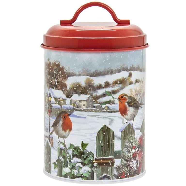 Medium Christmas Robins Holiday Canister - Festive Bird Themed Storage for Kitchen Decor