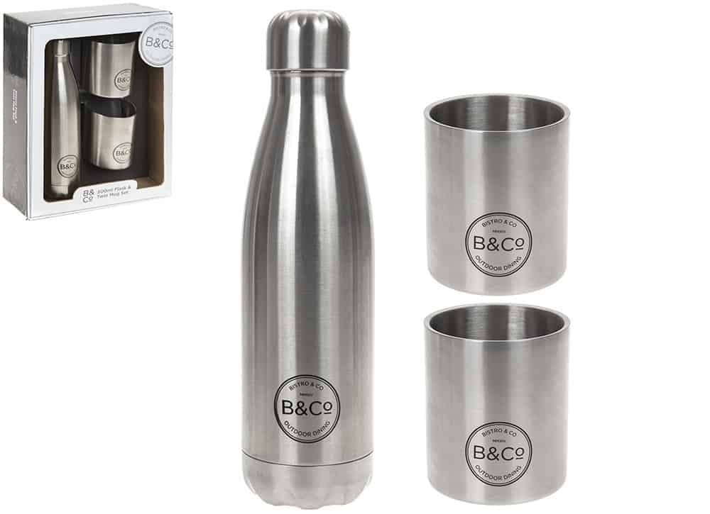 B&Co Thermal Flask Bottle & Beakers Set - 500ml Insulated Double Wall Flask with 2 x 250ml Lab Beakers