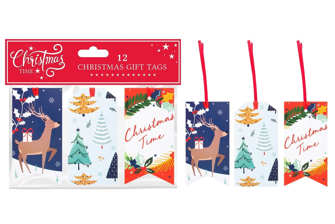 Christmas Time Tags - Set of 12 Festive Holiday Decorations and Gift Tags for Home Party Decoration