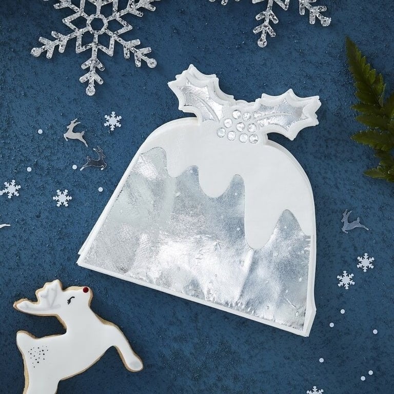 Silver Foiled Christmas Pudding Paper Napkins - Festive Holiday Tableware Party Supplies