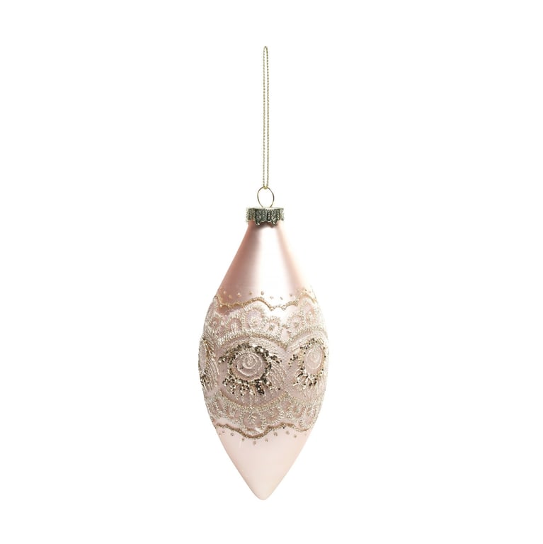 Pink Glass Droplet Bauble with Ornate Lace Detailing, 12cm Home Decoration Ornament