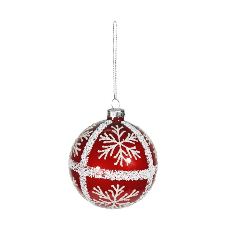 Red Glass Bauble with White Glitter Snowflakes - 8cm Christmas Ornament Decoration for Home and Holiday Season