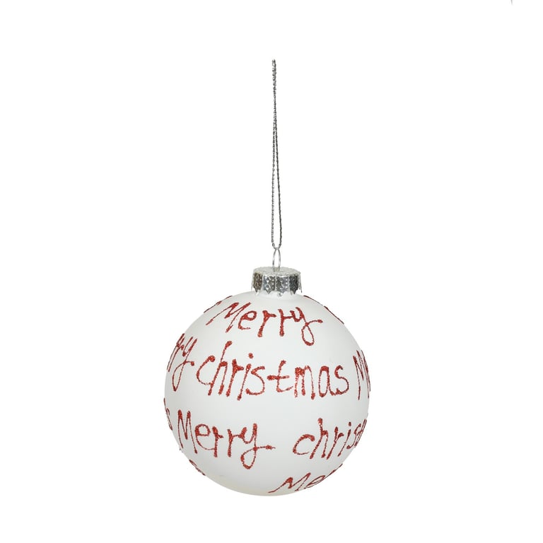 Bauble Red Merry Christmas White Glass Ornaments 8cm Diameter Glass Baubles Decorations