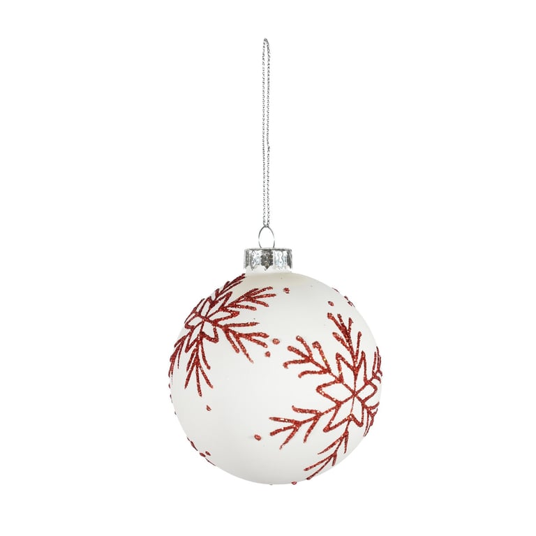White Glass Bauble with Red Glitter Snowflake Christmas Ornament - 8cm Diameter Home Decor Decoration