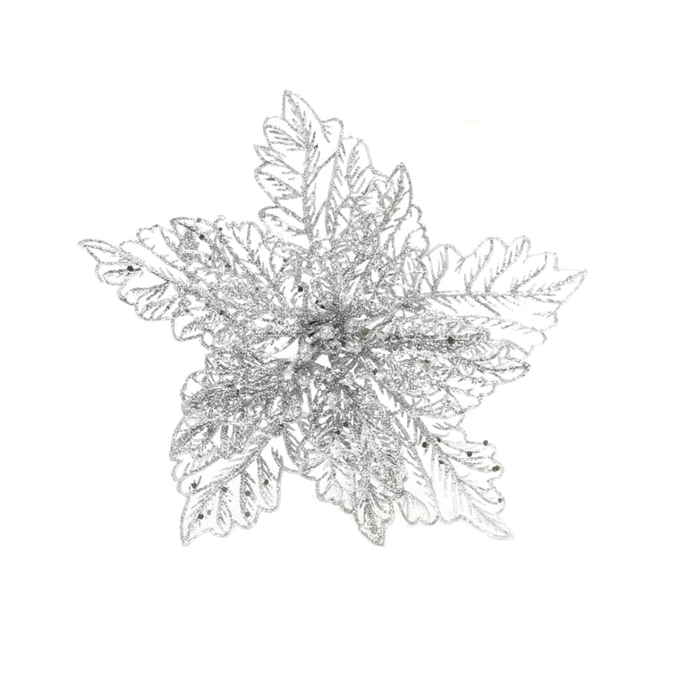Silver Glitter Poinsettia with Clip - 23cm Home Decor Holiday Decoration
