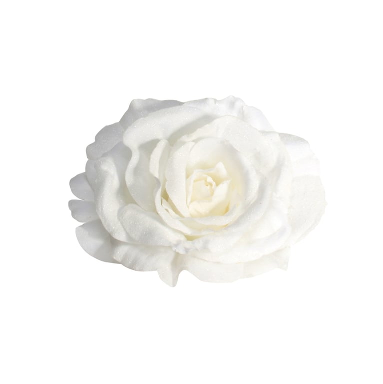 White Rose Decoration with Glitter and 12cm Clip - Sparkling Floral Home Decor