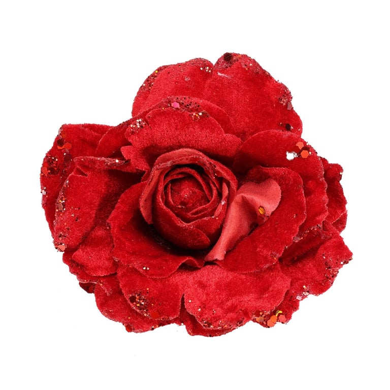 Red Velvet Rose with Glitter Edges 15cm Floral Decoration and Clip