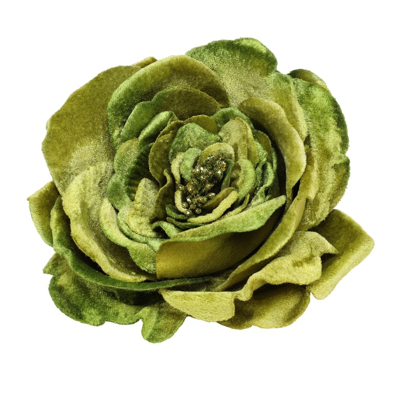 Green Velvet Rose Clip - 15cm Vintage Floral Decoration for Home and Kitchen Decor