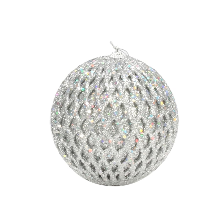 Silver Glitter and Sequin Decorative Bauble - 12cm Diameter